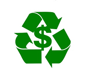 recycling icon surrounding a dollar sign