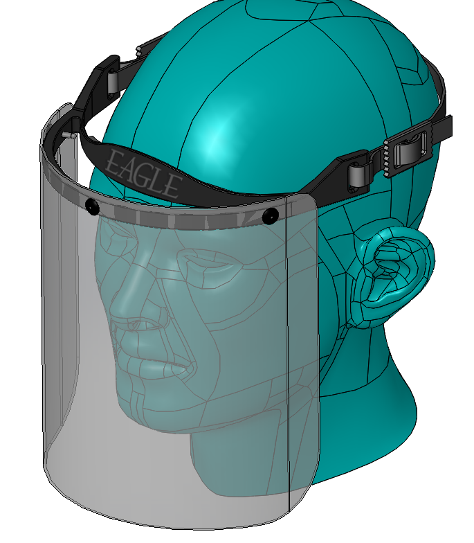 3D illustration of a human head wearing a face shield