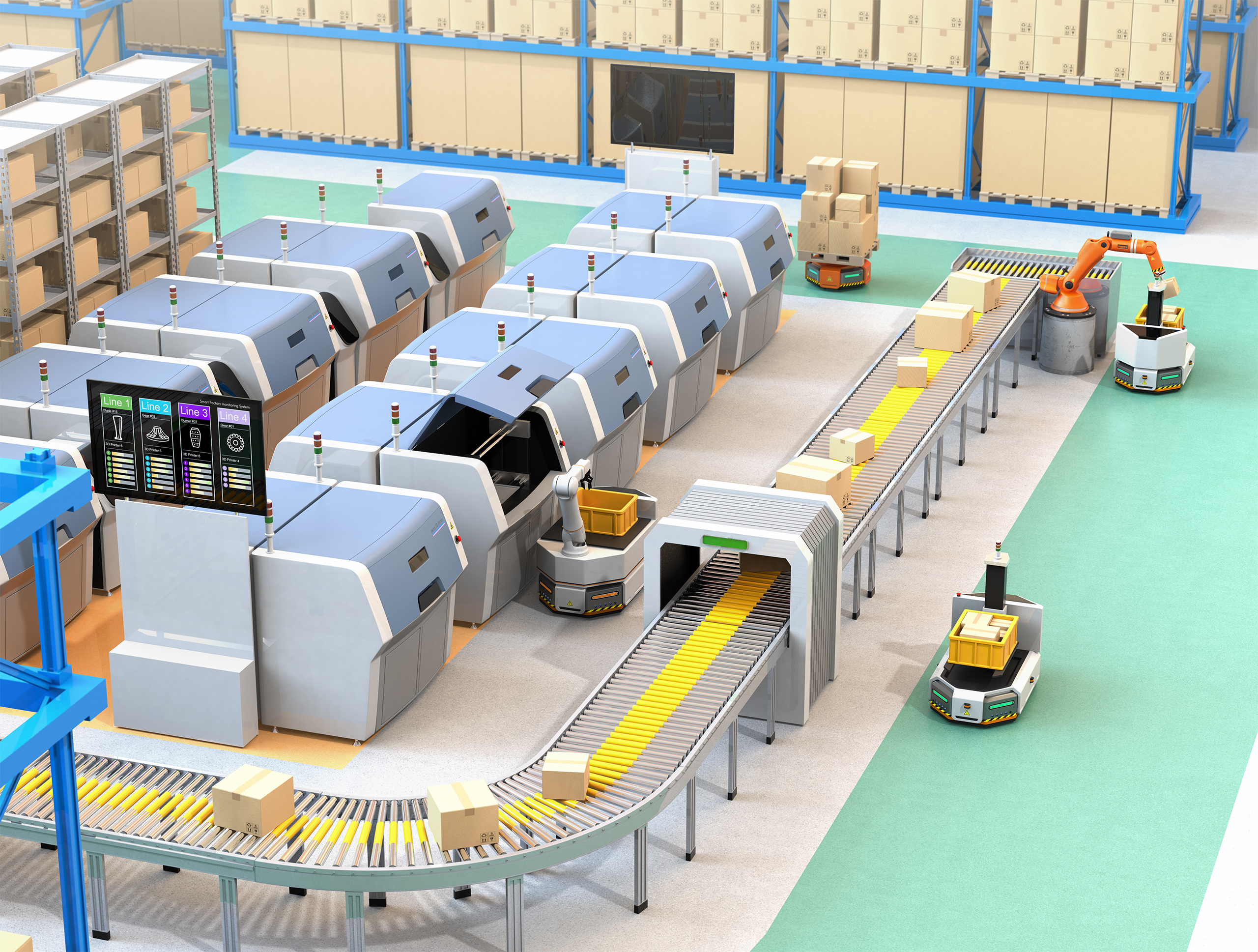 Smart factory equipped with AGV, robot carrier, 3D printers and robotic picking system. 3D rendering image.