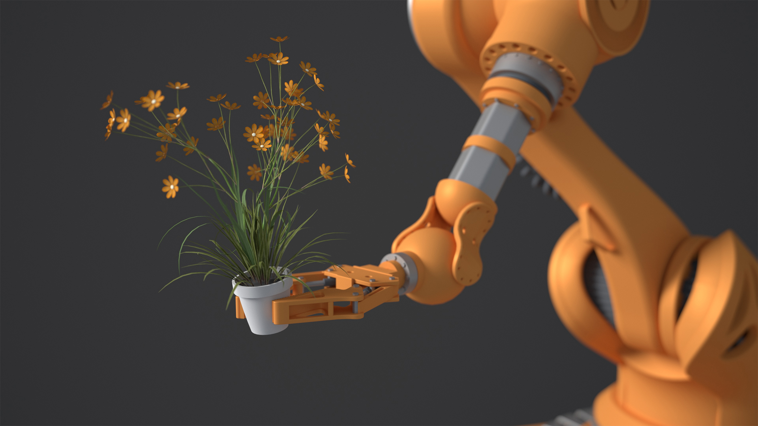 An orange robot holds a pot with a flower. Blurry gray background. The concept of the future protection of the green planet. Nature conservation.